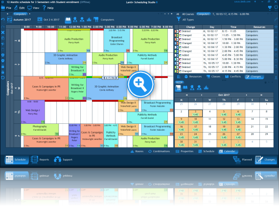 Screenshot of university scheduling software. Daily changes in a course schedule.