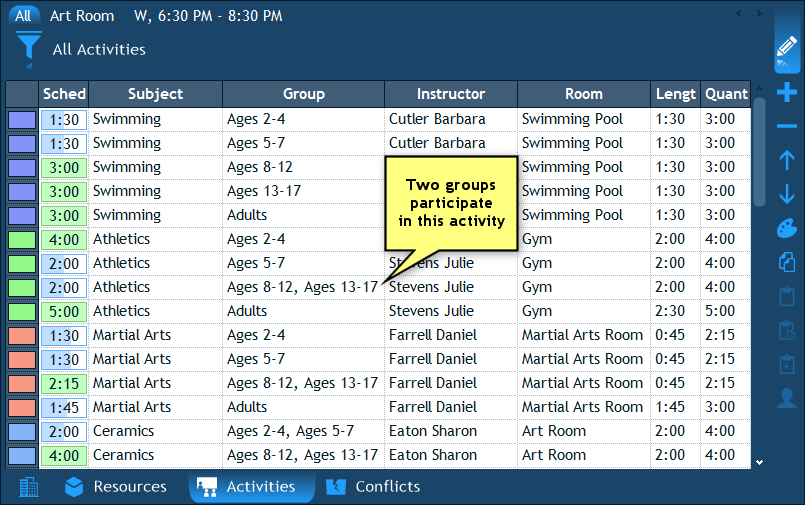 Activities subject groups instructor room length quantity.png